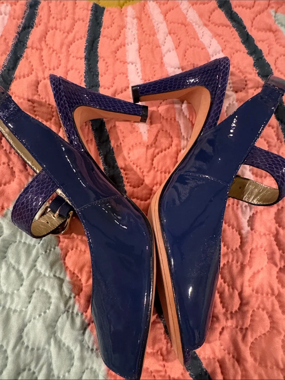 Joan & David Navy Patent Peep-Toe Slingbacks with Gold Buckles